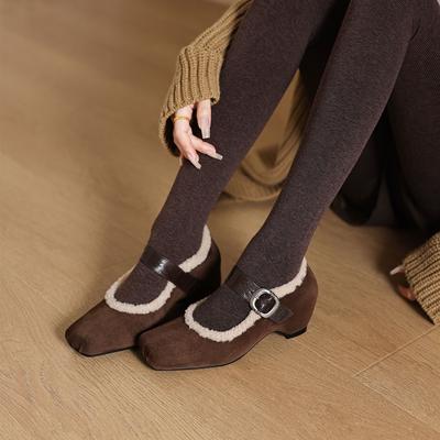 Frosted Single Shoes Season Mary Jane Shoes Square Head Light Mouth Fluffy Shoes