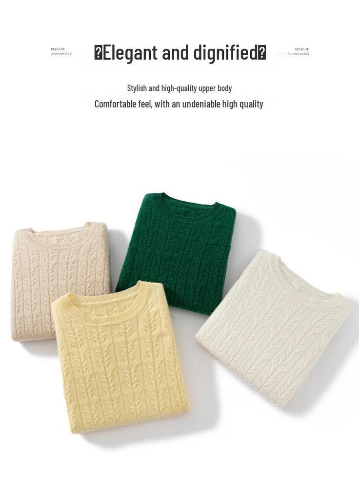 100% Pure Cashmere Women's Round Neck Knit Sweater with Wheat Ear Jacquard Design