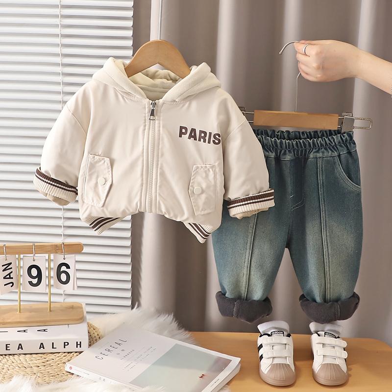 

Boys long sleeved 2-piece set, Autumn and winter 0-5-year-old Children s fleece warm jacket+casual thick jeans set S бежевый