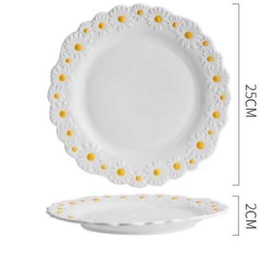 Ceramic Daisy Embossed Creative Dishes, Household Vegetable Rice Soup Bowl Dinner Plate Ceramic Set Combination Tableware