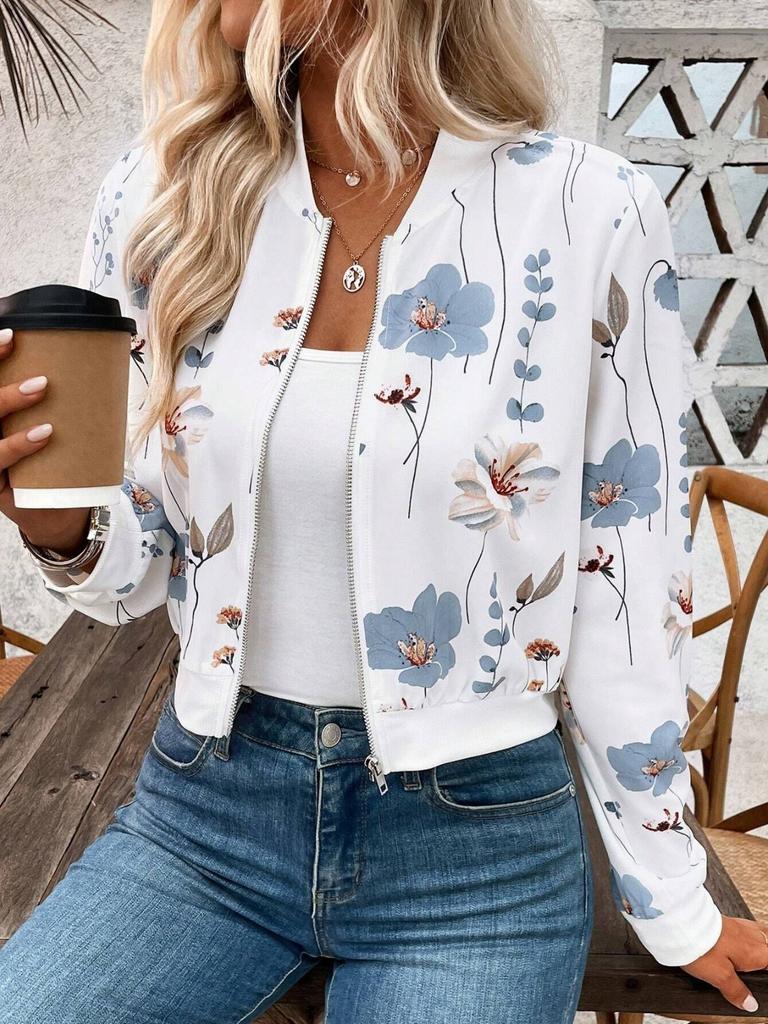 Womens Ladies Retro Floral Zipper Up Jacket Casual Coat Outwear