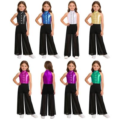 Meisjes Mock Neck Mouwloze Jumpsuit Metallic Bodice Ruches Wijde Pijp Rits aan de Achterkant Jazzdans Kostuum