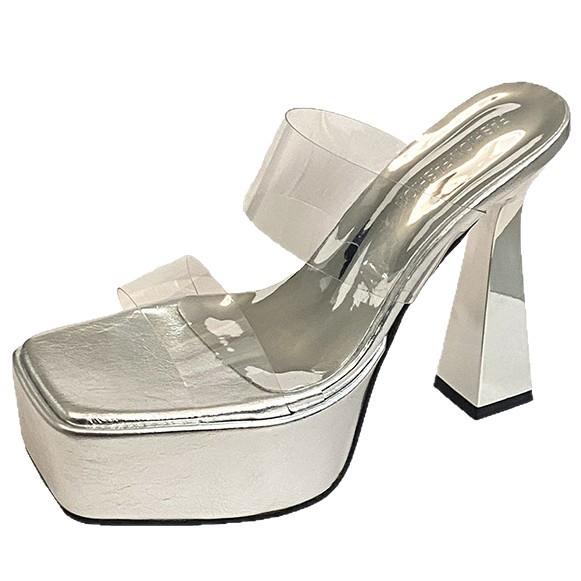 Square Head Transparent Word with Thick Sole Outer Wear Slippers Women's Summer Thick Heel Waterproof Table Small Man Height Increase Super High Heels