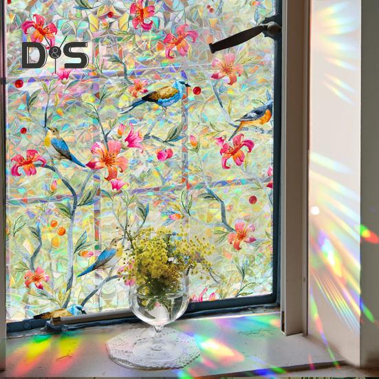 Folia Prywatnościowa na Okno Tęczowa Wodoodporna Statyczna Przyczepność Bez Kleju Naklejka ze Wzorem Kwiatowym do Domowych Szklanych Okien Dekoracja Sypialni Salonu