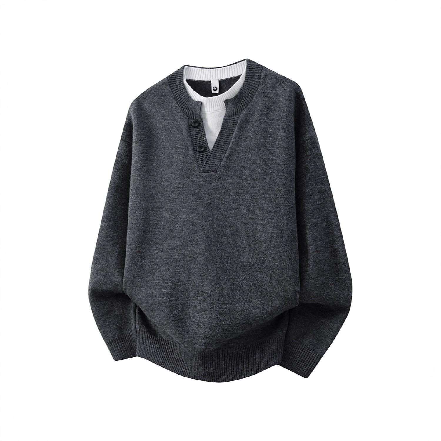 

Men s Old Money Style Henley Collar Two-Piece Sweater: Autumn/Winter Casual V-Neck Knitwear L сірий колір