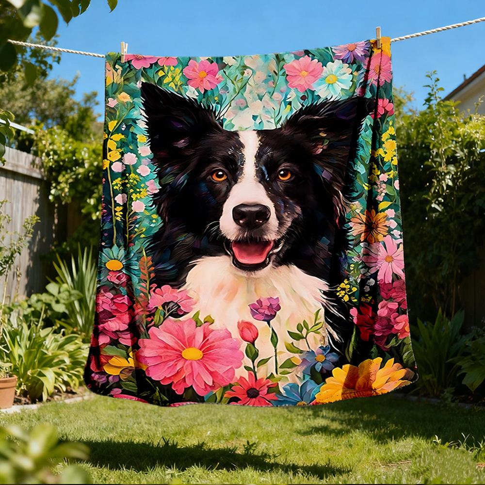 1pc Floral Border Collie Print Outdoor Soft Polyester Flannel Throw Blanket Versatile for All Seasons , Soft , Cozy , Warm All Season Quilted Throw ,