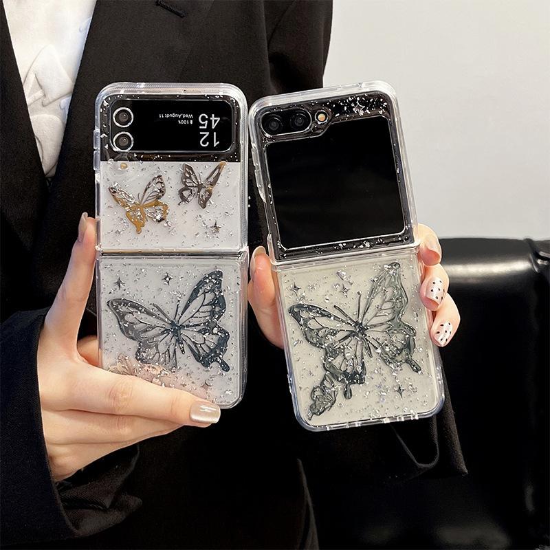 For Samsung Droplet Flip Phone Case for Zflip6 Butterfly Zflod5 Sparkling Silver Foil Premium 24flip