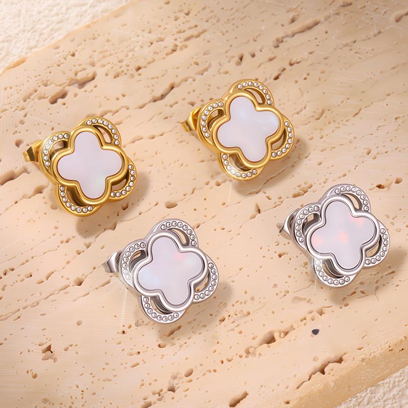 Exquisite Double-Layer Four-Leaf Clover Shell Titanium Steel Stud Earrings - Women's Non-Fading Jewelry