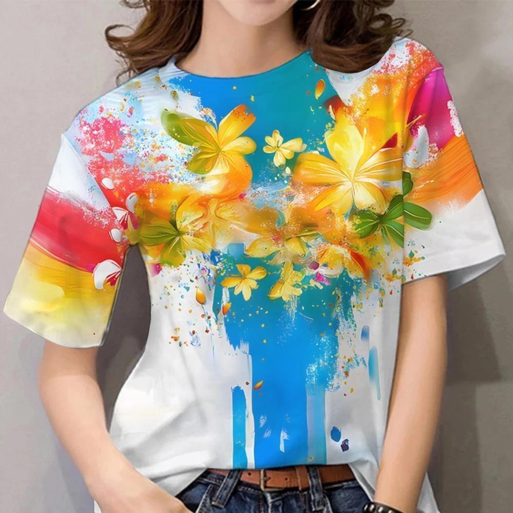 Tie dye printed women s T-shirt | Hawaiian style round neck top 2XS