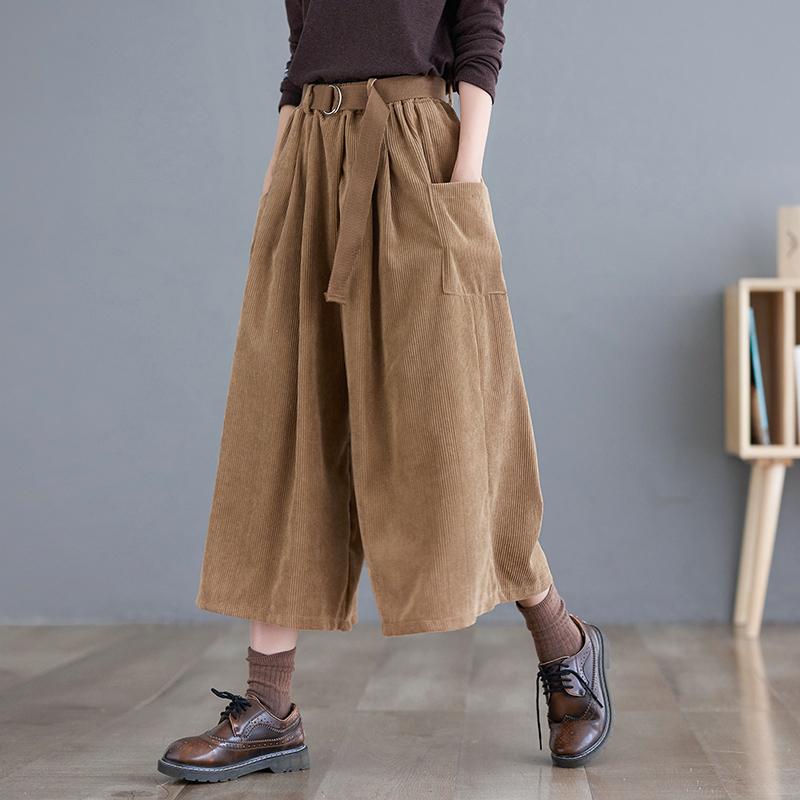 Pantaloni Donna Casual Monocolore Gamba Larga Autunno Tasche Grandi Vintage Vita Elastica Pantaloni Larghi Taglie Forti
