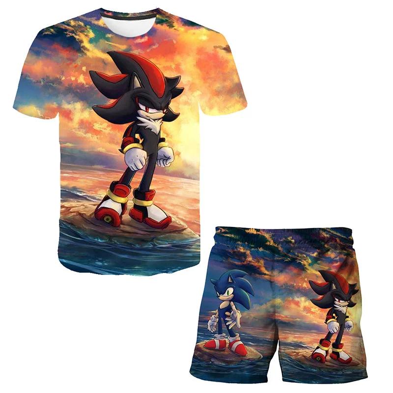 2025 MINISO New boys and girls super sonic Tshirts+shorts  Harajuku Sonic print suit T-shirt + shorts fashion street style children's short sleeves