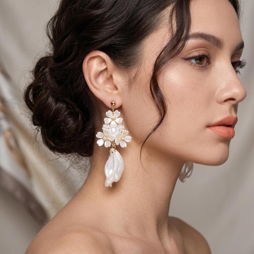 White Flower Faux Pearl Dangle Earrings for Women - Elegant Bridal Accessories