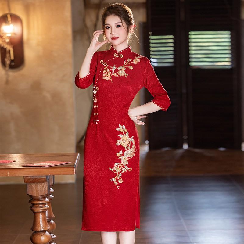 Elegant Red Long Sleeve Modified Cheongsam Dress Women Wedding Guest Outfit Vintage Chinese Style Formal Gown