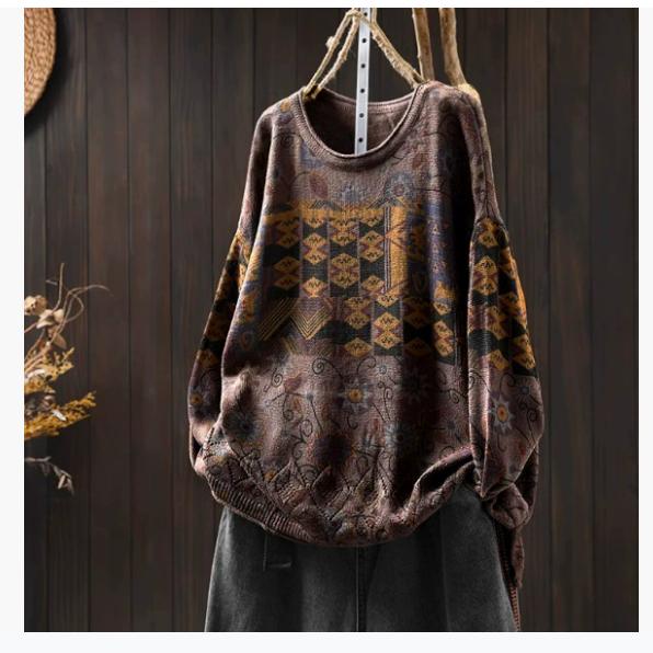 Winter Retro Color Cotton Knit Sweater Women's Loose Large Board Personality Casual Round Neck Pullover