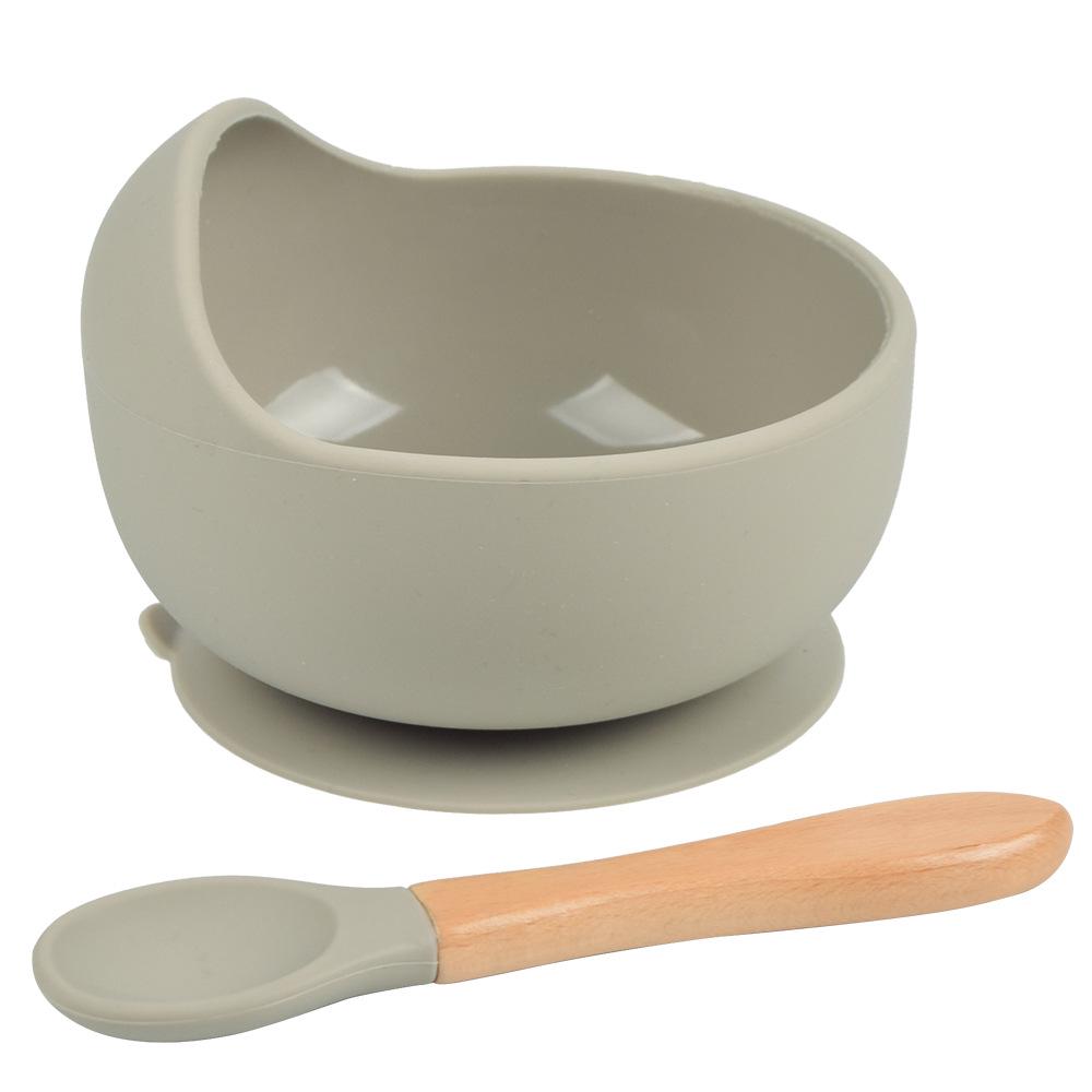 Silicone Baby Bowl & Spoon Set with Wooden Handle and Suction Cup
