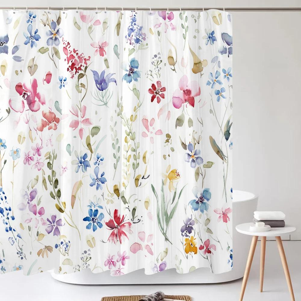 Watercolour Flowersleaves Shower Curtain Morden Art Floral Waterproof Fabric Bathroom Curtains Room Decor Curtain With Hooks