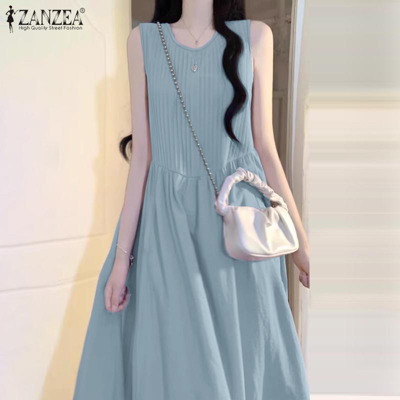 ZANZEA Women Summer Round Neck Casual Sleeveless Long Dress
