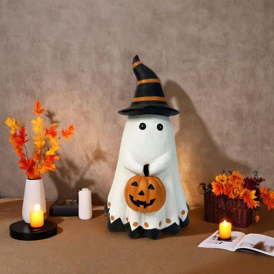 Halloween Ghost Statue Small White Ghost with Pumpkin Figurine Cute Ghost Resin Tabletop Ornament for Indoor Outdoor Halloween Decor