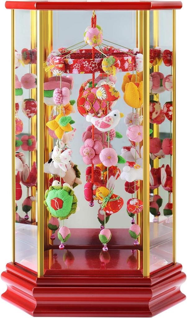 Hina Doll Hanging Display In a Hexagonal Small Wide X Deep X 44cm Red Lacquered Case Case, Momokane, Size, 25.5cm 17.5cm High,