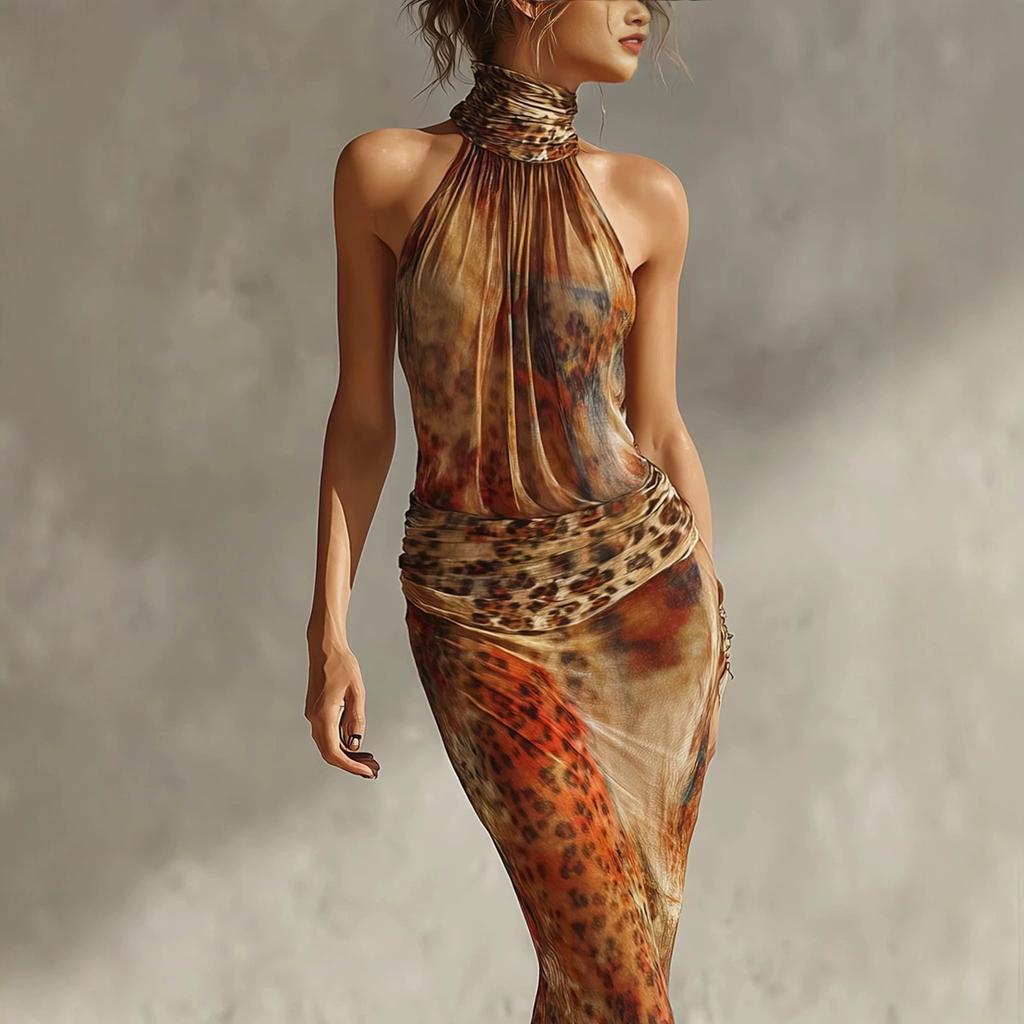 2026 summer new women's clothing vacation European and American printing lace-up neck sleeveless fishtail long dress dress