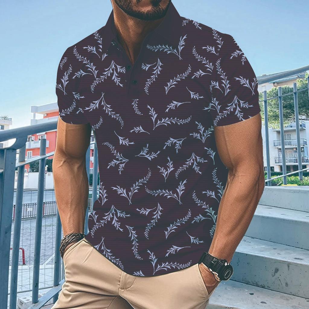 Men's Striped Printed Lapel Short Sleeved Polo Shirt