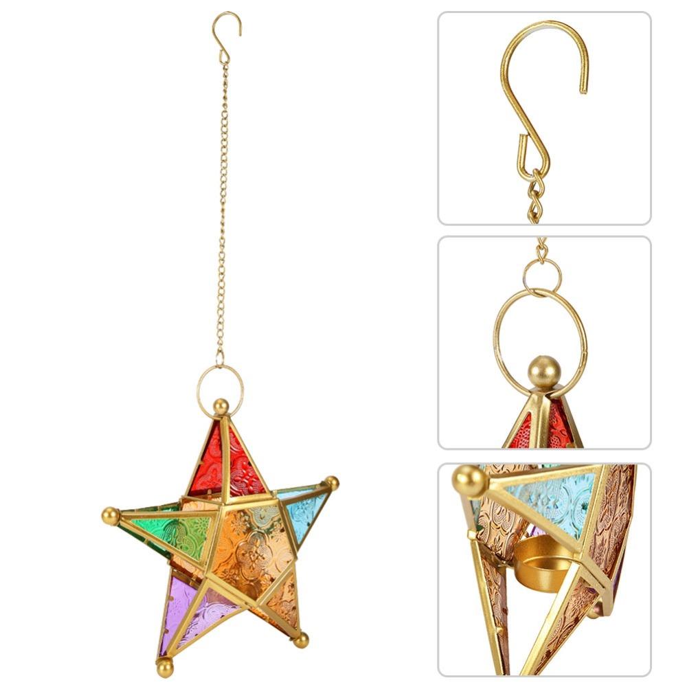 2PCS Iron Moroccan Star Lantern Star Colored Glass Wrought Iron Candle Holder Hanging Tealight Holder Patio Decoration