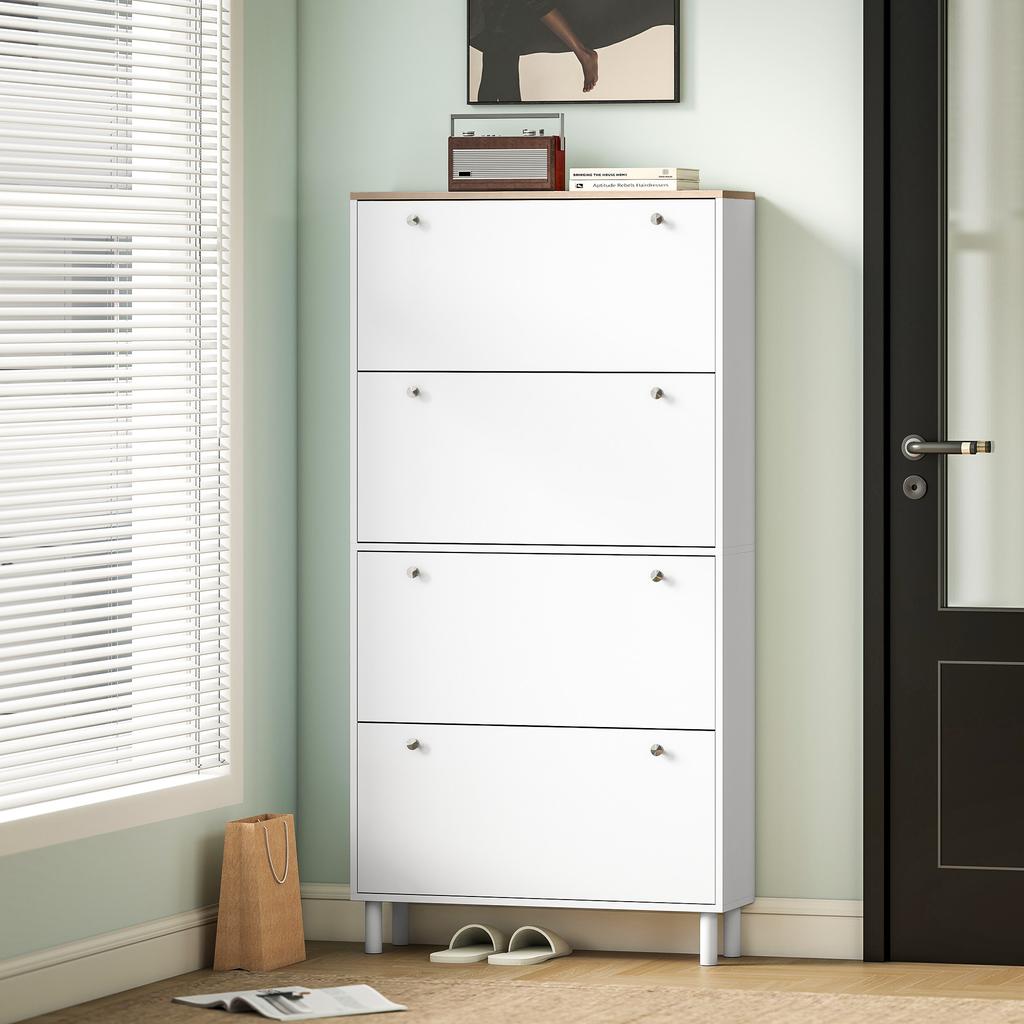Shoe Cabinet 32 Pairs With 4 Flip Drawers Adjustable Shelves Modern 80 X 23.5 X 157 Cm White