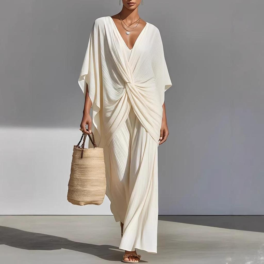 Women's Summer V-Neck Loose Pleated Dress - Resort Style Long Skirt