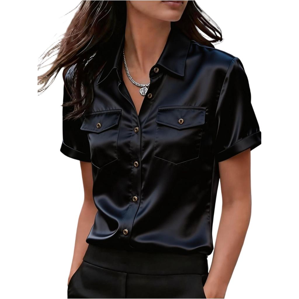 Women's Elegant Satin Short-Sleeve Blouse With Double Pockets
