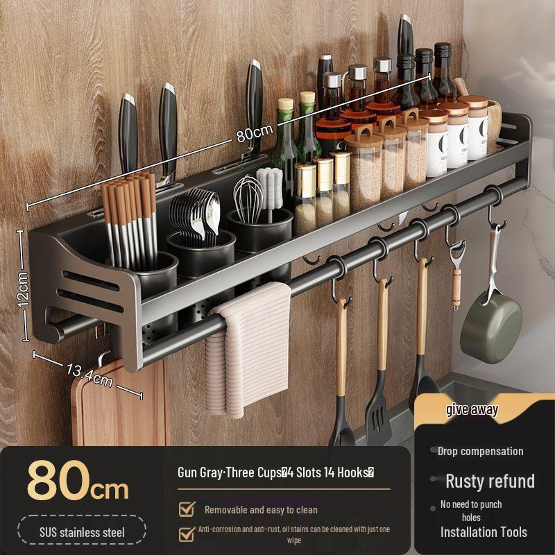 Stainless Steel Wall-Mounted Kitchen Rack with Chopstick, Knife, and Spice Storage