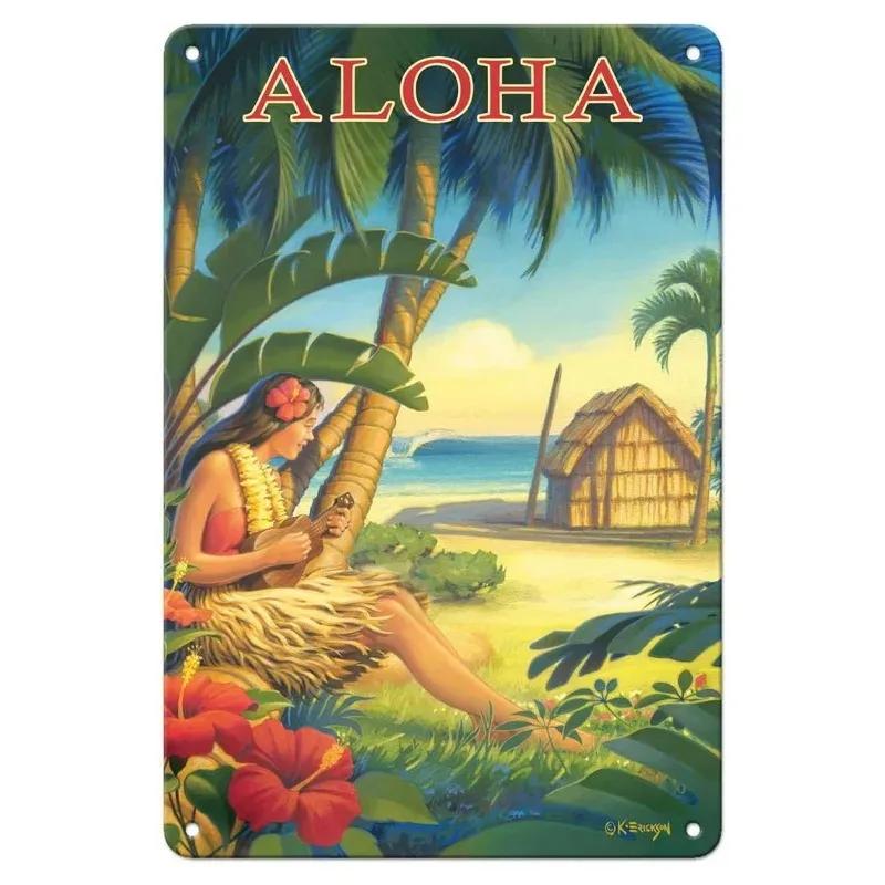 Vintage Hawaii New York Santorini Landscape Travel Tour Poster Retro Metal Aluminum Signs Funny Plaque Home Bar Cafe Wall Decor