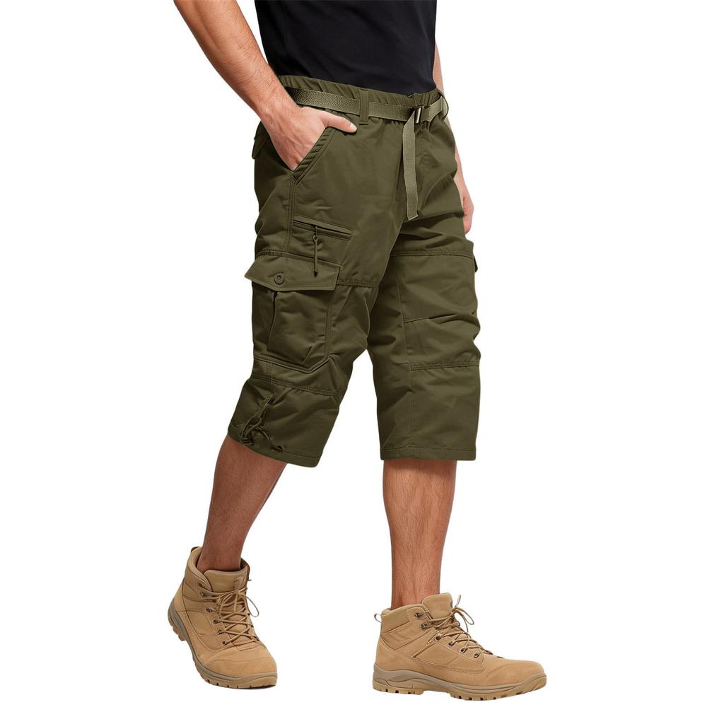 Men's Outdoor Cargo Shorts Below Knee Length Multiple Pockets Adjustable Waistband Relaxed Fit Durable Fabric
