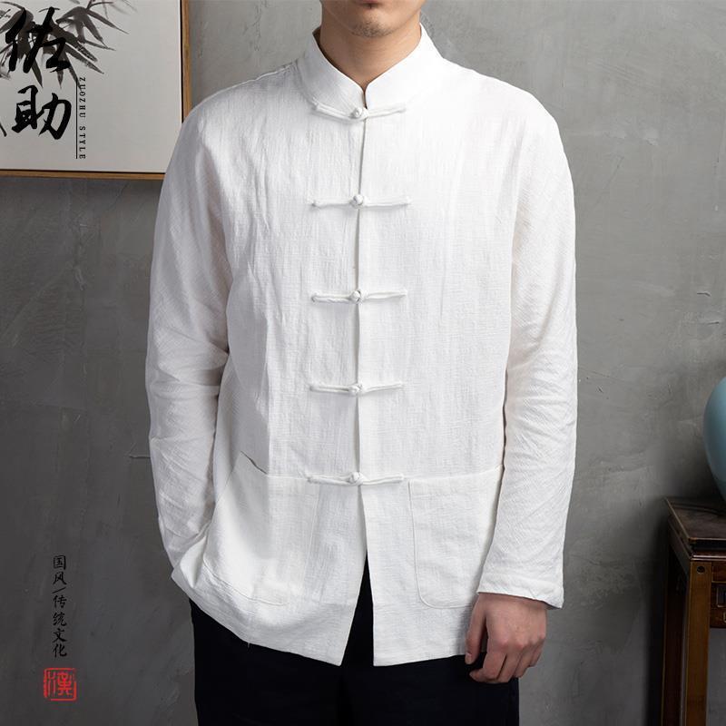 Men's Retro-Style Chinese Cotton Linen Stand Collar Shirt – Long-Sleeved for Spring and Autumn.