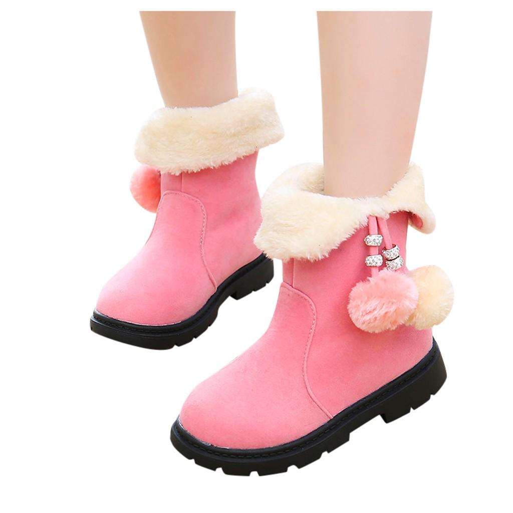 Children Kids Baby Girls Winter Warm Solid Hairball Snow Short Boots Casaul Shoes