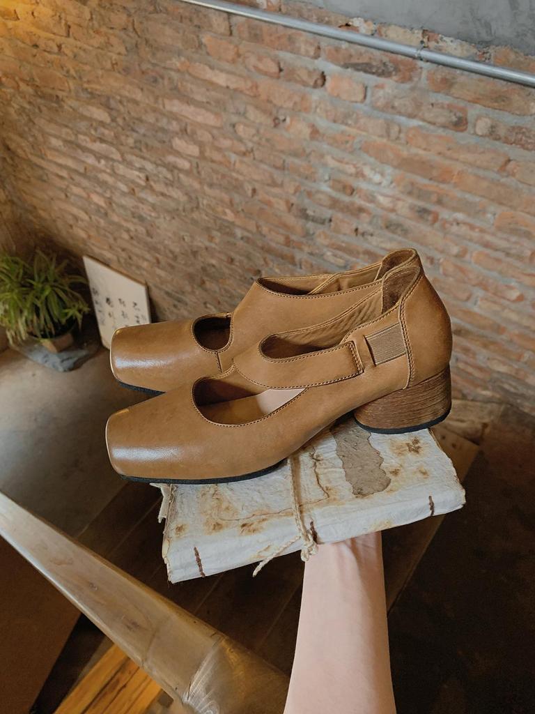 Grape Mom Studio Kadınlar için Yüksek Kaliteli At Derisi Kare Burun Kalın Topuk Deri Loafer - Sonbahar Stili