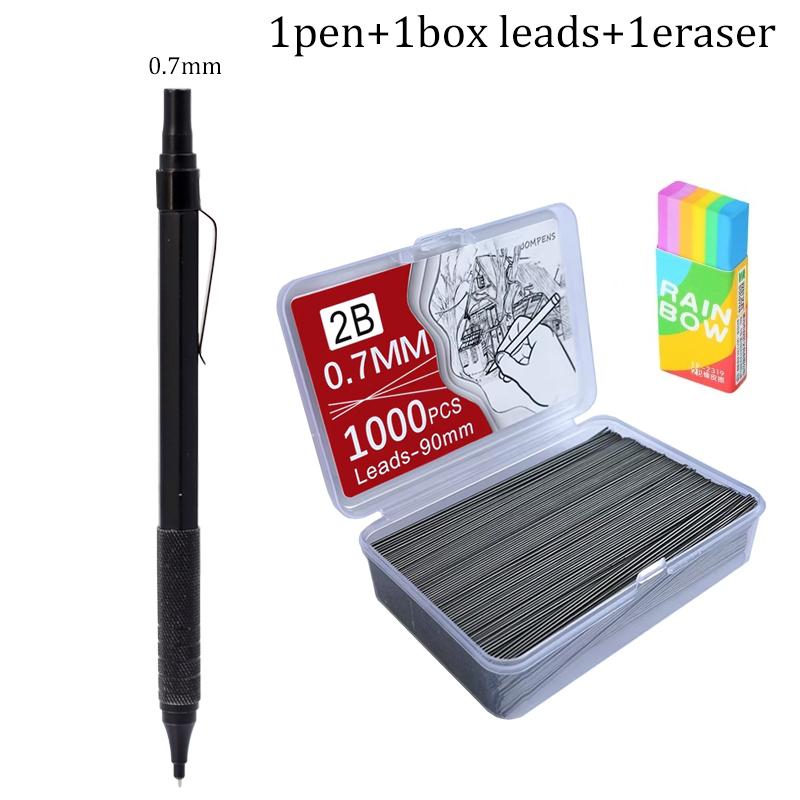 0.5/0.7mm Black/Silver Mechanical Pencil with Leads and Eraser,Automatic Pencil Sketch Painting Office Writing Stationery Supply