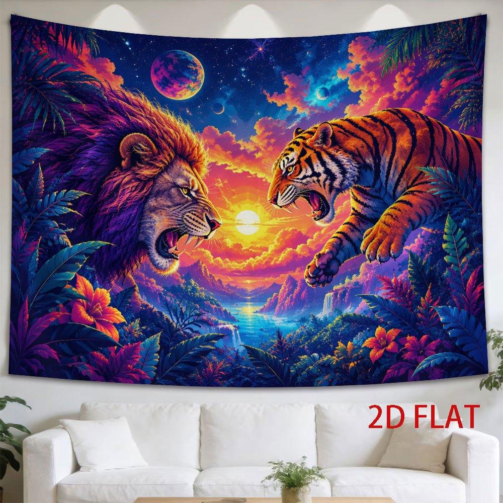 1pc Tapestry Lion And Tiger Face-Off in a Vibrant Jungle Under a Surreal Starry Sky with Planets And Glowing Sun