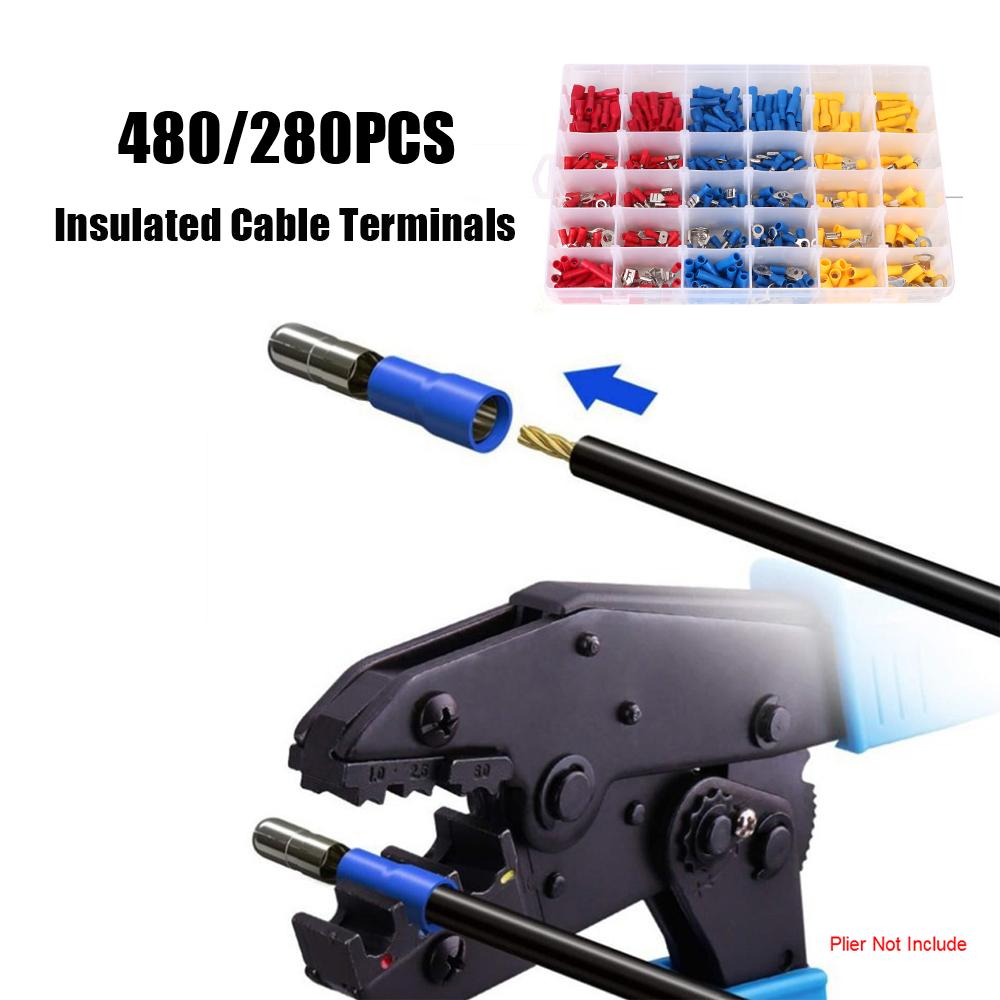 Insulated Cable Connector 280/480PCS Rolled Terminals Assorted Kit Spade Butt Ring Lugs Fork Set Electrical Wire Crimp