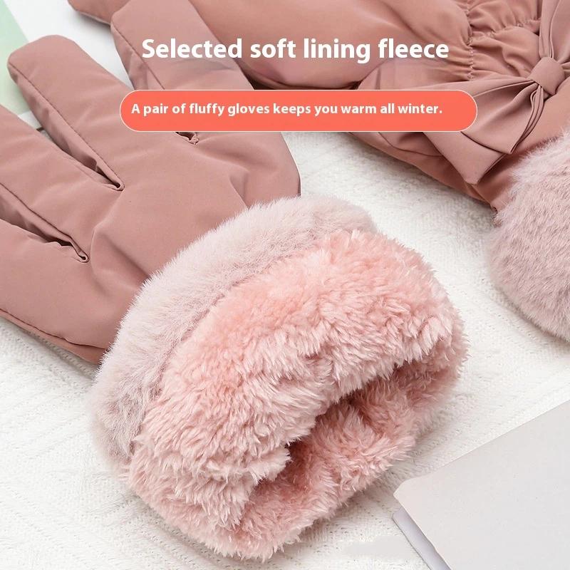 Ski Gloves Women Winter Fleece Thickened Warm Plush Cotton Waterproof Touch-Screen Gloves For Outdoor Riding Mountaineering