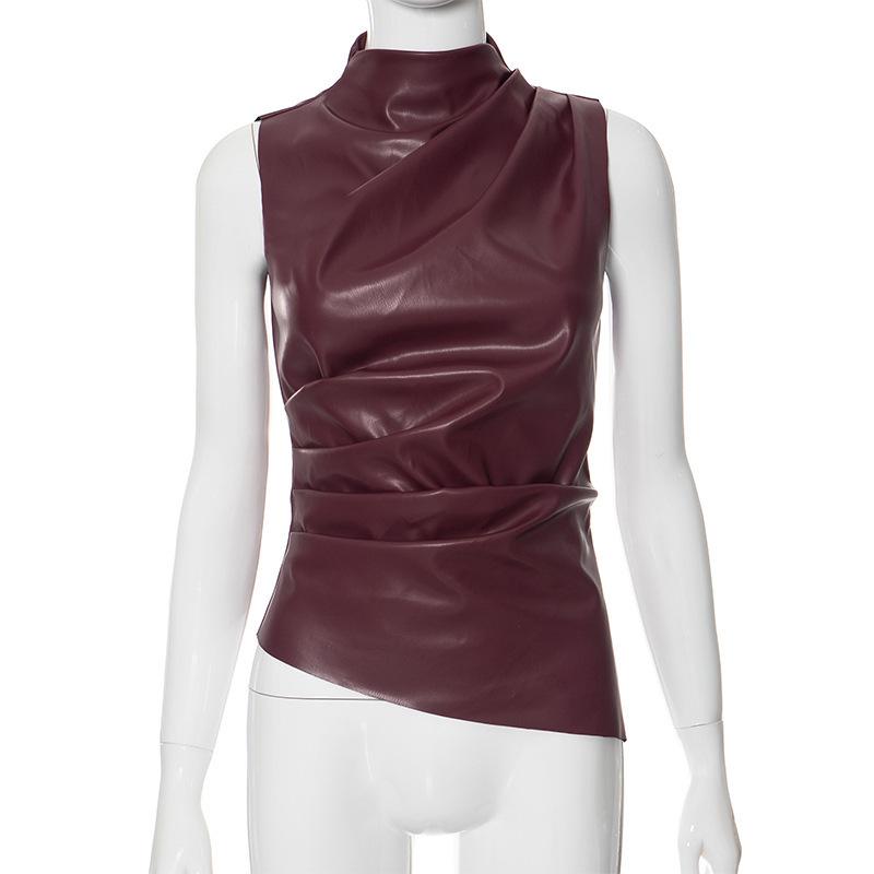 Sleeveless Asymmetrical Hem Leather Mock Neck Top – Women's European/American Style, 2026 Spring/Summer Collection