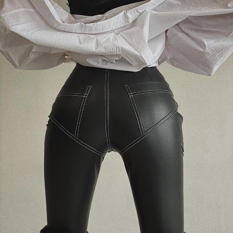 Trendy Women s PU Leather High Waist Patchwork Butt-Lifting Stretchy Pants Small чёрный