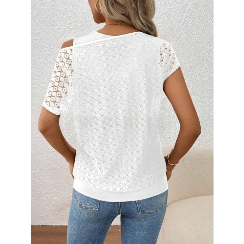 Summer Casual Lace Round Neck Short Sleeved Fake Two Piece Knitted Sweater T-Shirts Women’s