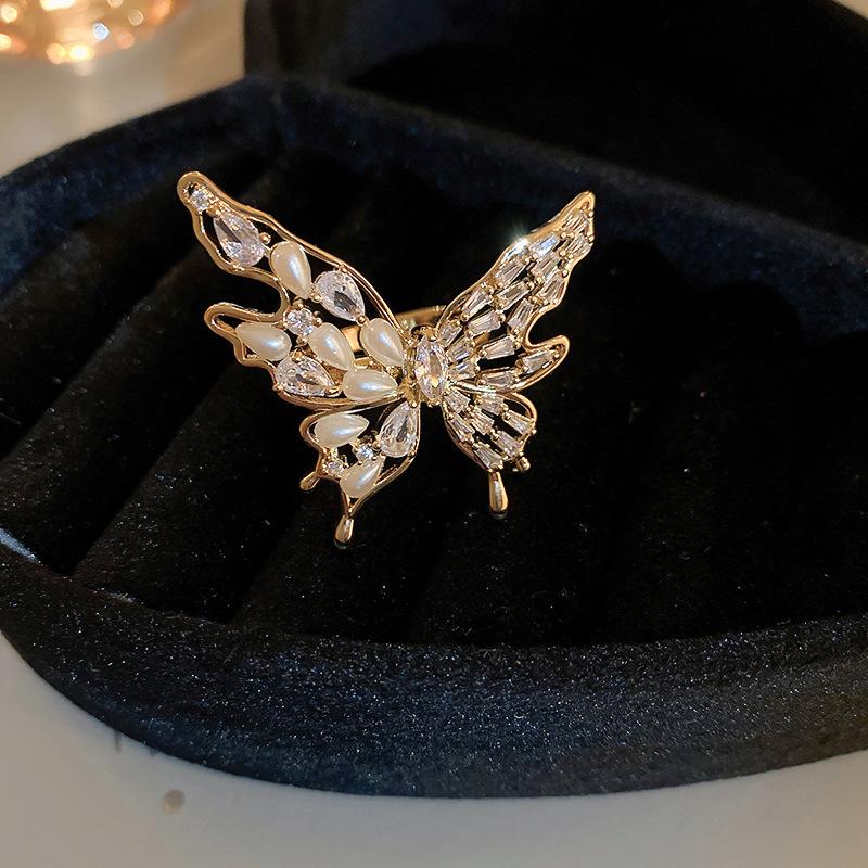 Real gold electroplated zircon butterfly pearl open ring temperament high sense index finger ring fashion versatile ring accessories