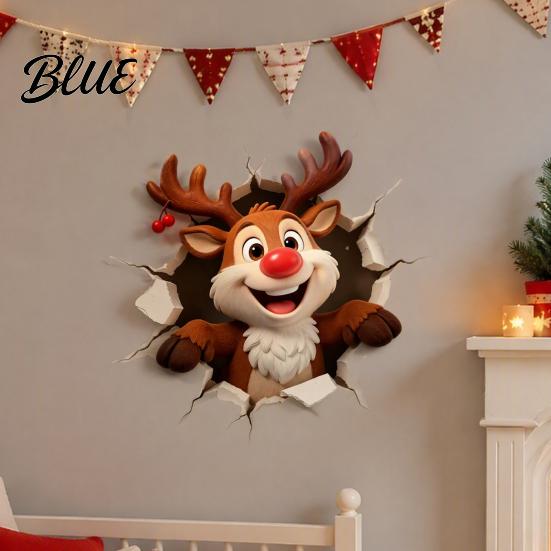 Easy Apply Wall Decals Christmas Reindeer Decal 3D Hole Illusion Red Nose Rudolph Sticker Stickers Peel And Stick Waterproof PVC Decor for Kids Room