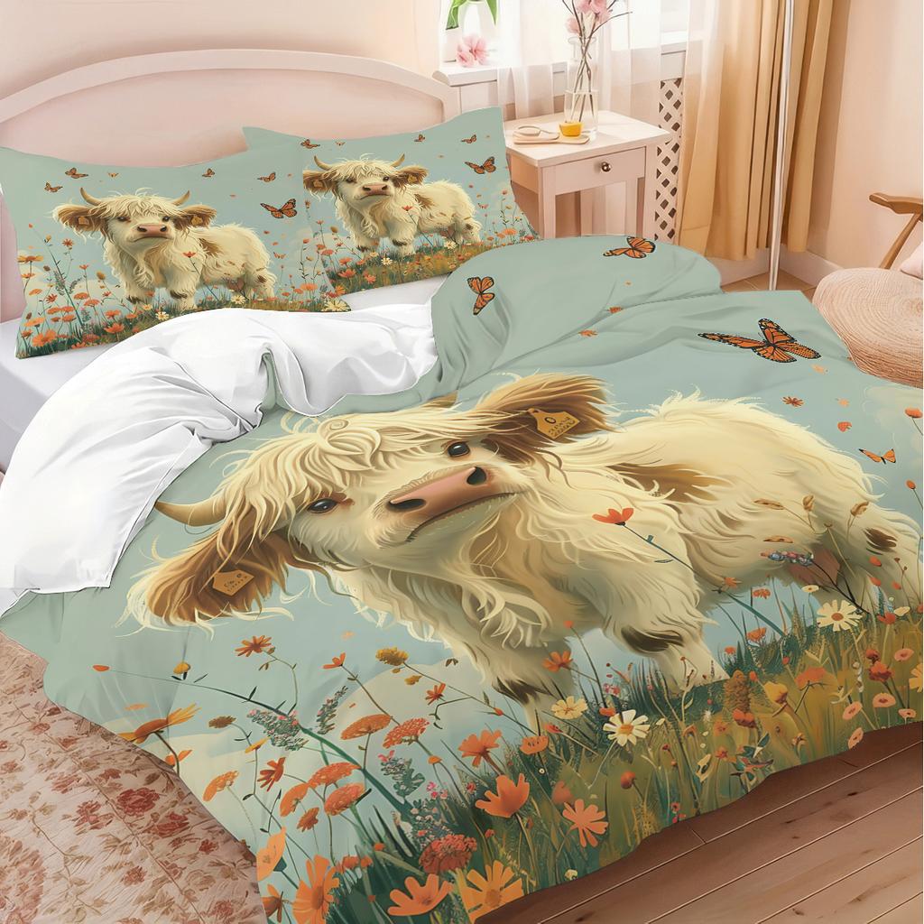 3pcs Cartoon Highland Cattle Print Coreless Product Set, Soft and Comfortable, Multi Size Dormitory Bedroom, Machine Washable