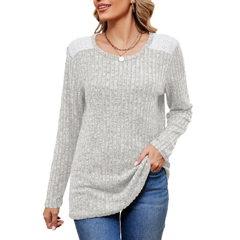 New Autumn and Winter Contrasting Color Round Neck Loose Long-sleeved T-shirt Brushed Top for Women