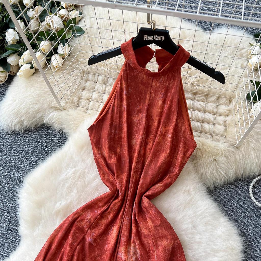 Vintage French Smudged Halter Sleeveless Dress: Women's Summer Waist-Cinched Design with Large Hem