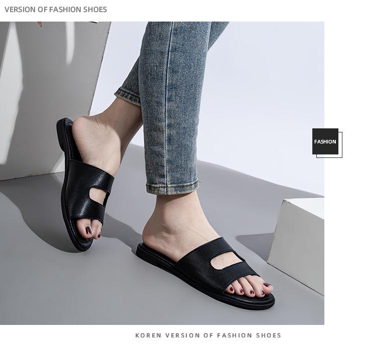 Plus Size Black Leather Flat Women's Sandals - Soft, Comfortable, Single Strap, Fashionable Hollow Outdoor Flip Flops