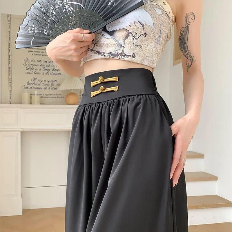 

Women s Spring/Summer Flowy Button-Front High-Waisted Loose-Fit Casual Pants with Oversized Flared Legs XXS чёрный