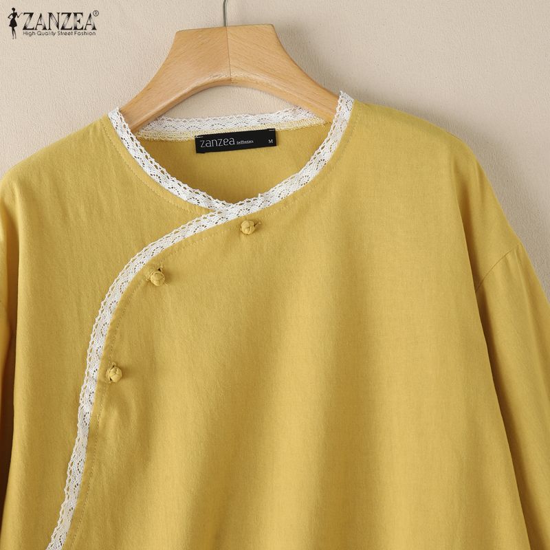 ZANZEA Women Lace Splice Round Neck Casual 3/4 Sleeve Cotton Blouse